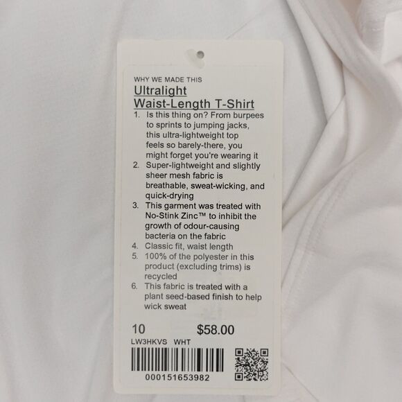 New Lululemon Size 10 Ultralight Waist Length Lightweight T Shirt WHT White - Picture 8 of 8